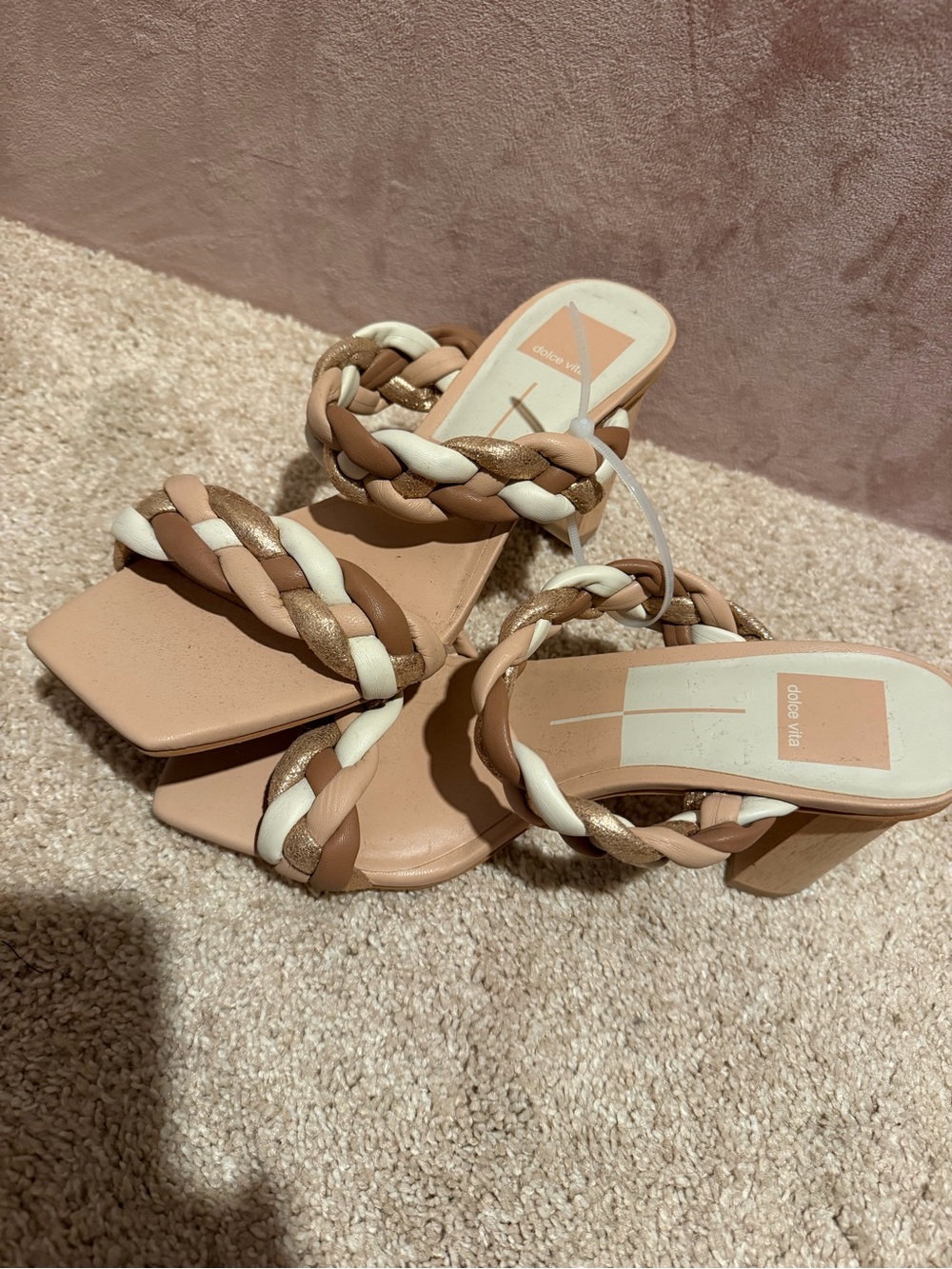 Dolce Vita Braided Multi-Strap Block Heel Sandals in Taupe, Cream, Metallic